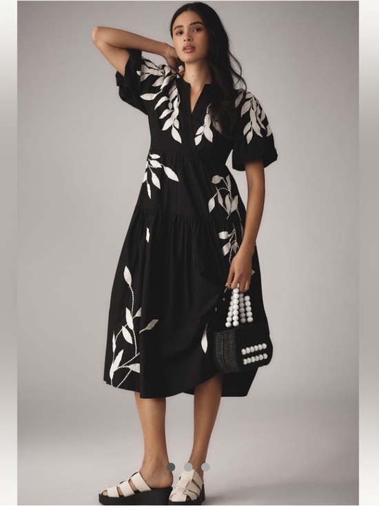 Anthropologie Dresses & Skirts - Anthropologie Black Midi Dress with White Leaf Embroidery